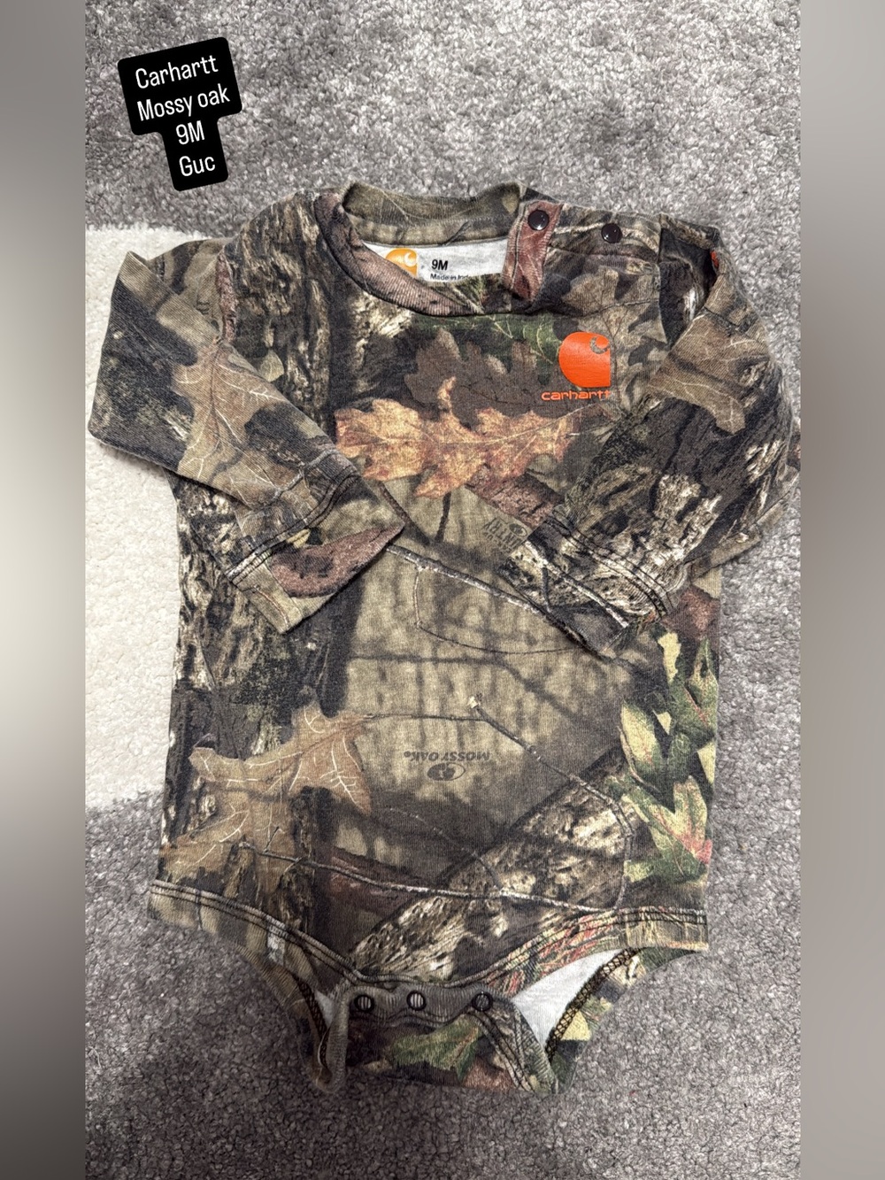 Carhartt Baby Mossy Oak Camo Long-Sleeve Bodysuit with Orange Logo